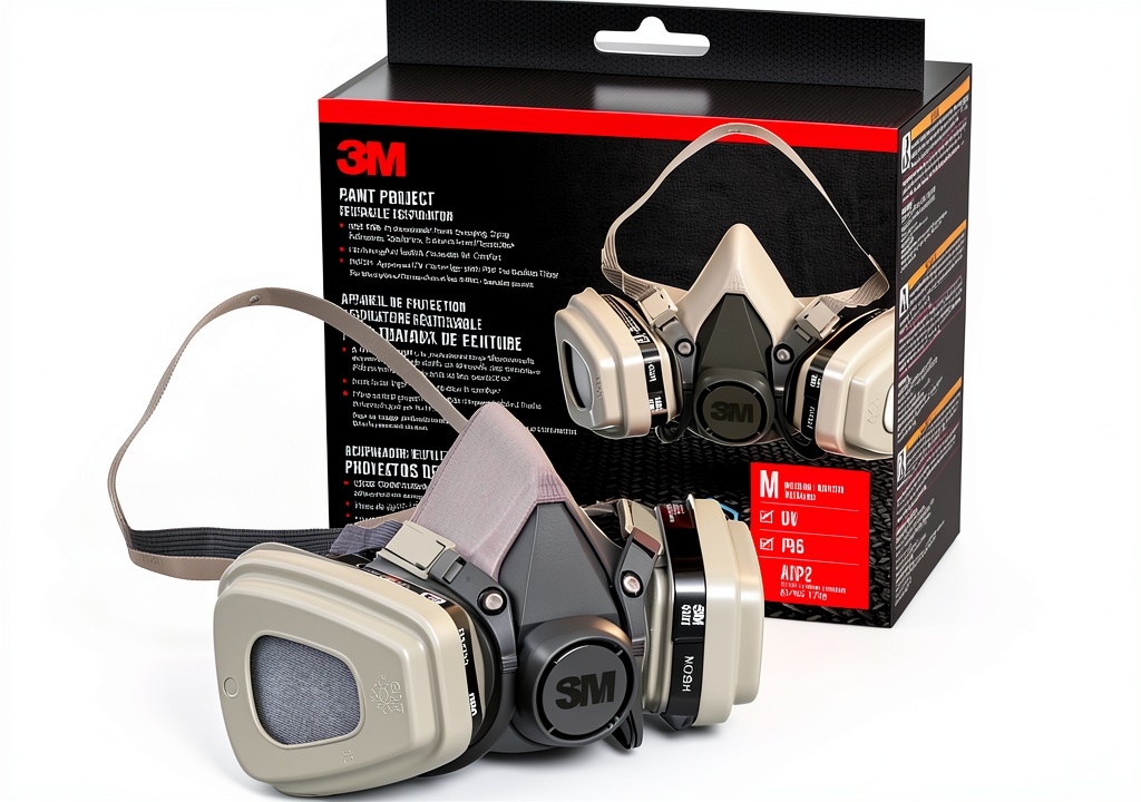 Worker wearing respirator with 3M P95 OV cartridge in a paint shop