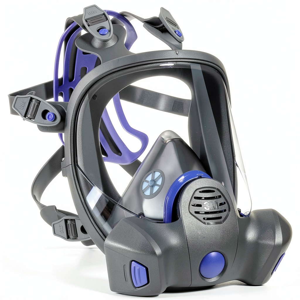 3M respirator with large lens and push-button seal check in use